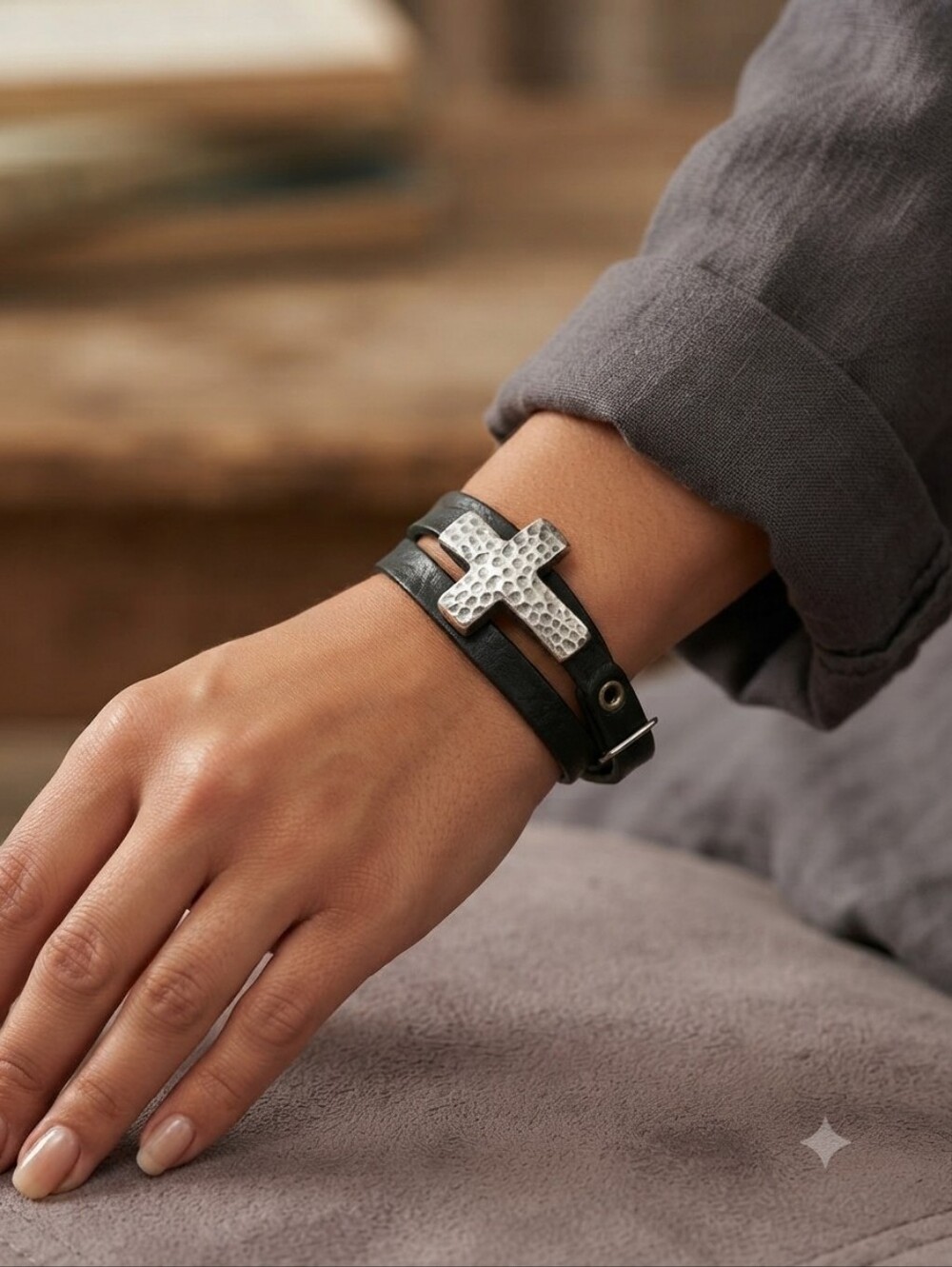 Premier Designs Black Wrap Bracelet with Hammered Silver Cross